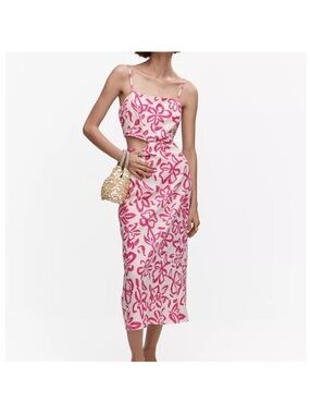 Mango Floral Cutout Midi Dress in Pink/White - Linen NWT